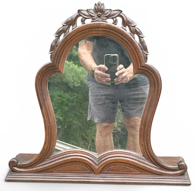 Nice circa 1910 walnut carved dresser mirror, nice original finish and patina, measures 18.5" high x (1 of 1)