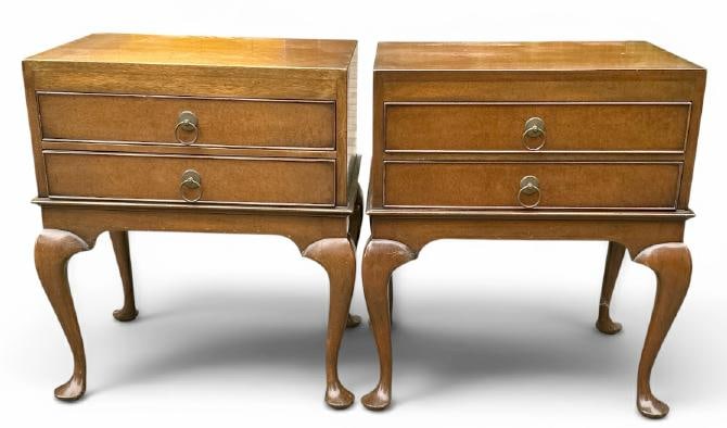 KITTINGER pair of mahogany nightstands or end tables, with burl like drawers, signed inside the (1 of 3)