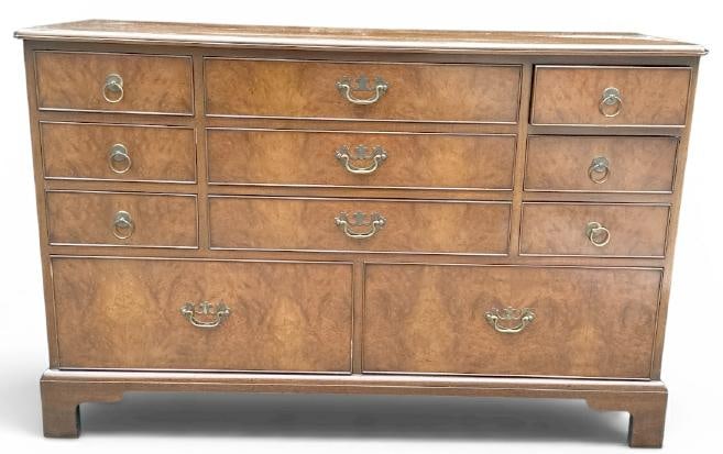 KITTINGER (11) drawer mahogany chest of drawers with burl like drawer fronts, structurally sound, (1 of 3)