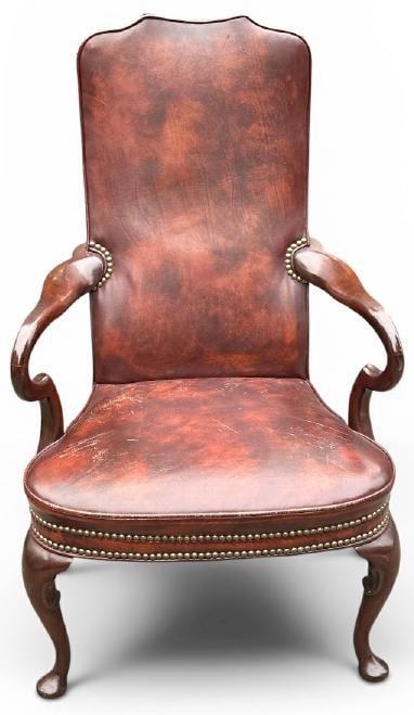 HICKORY CHAIR CO. leather armchair with decorative brass tack trim, structurally sound, some light (1 of 3)