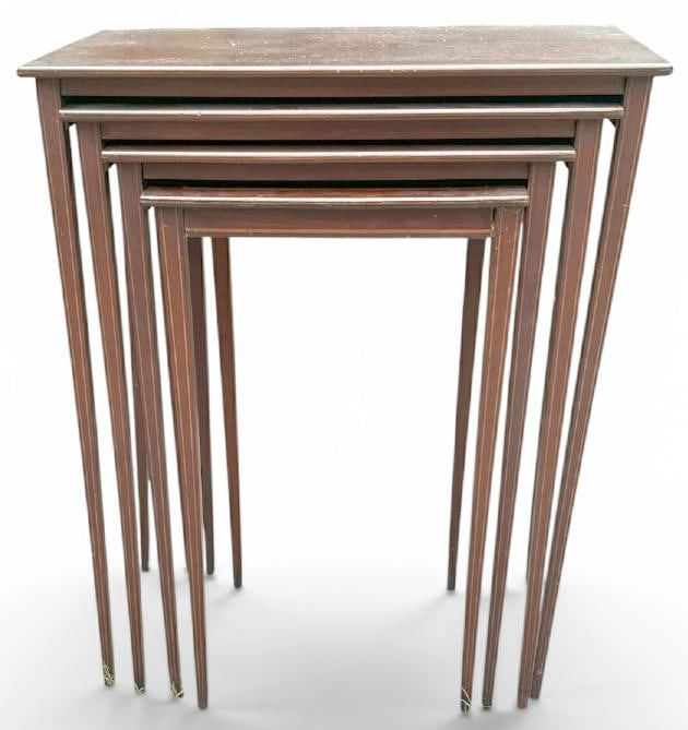 Nice nest of (4) mahogany graduated stands, old finish, structurally sound, tapered legs, with: Nice nest of (4) mahogany graduated stands, old finish, structurally sound, tapered legs, with pencil inlay, from fine home in the Hudson Valley. Tos show scale the largest measures 30" high x 24.75" 