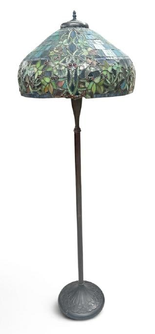 Contemporary leaded glass shade floor lamp, from estate in Hudson Valley, shade is in fine (1 of 5)