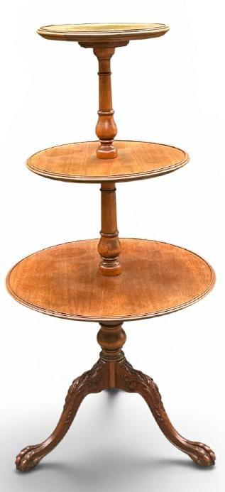 Mahogany triple tier table with claw feet, structurally sound, from home in Hudson Valley?..measures (1 of 2)