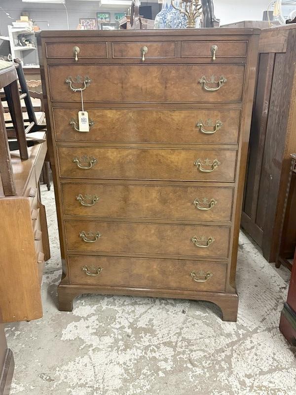 KITTINGER wonderful tall chest of drawers with burl like drawer fronts, looks like a mahogany or (1 of 1)