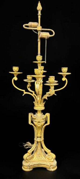 Wonderful gilt bronze 29" high candelabra converted to table lamp, very nice estate condition, has (1 of 4)