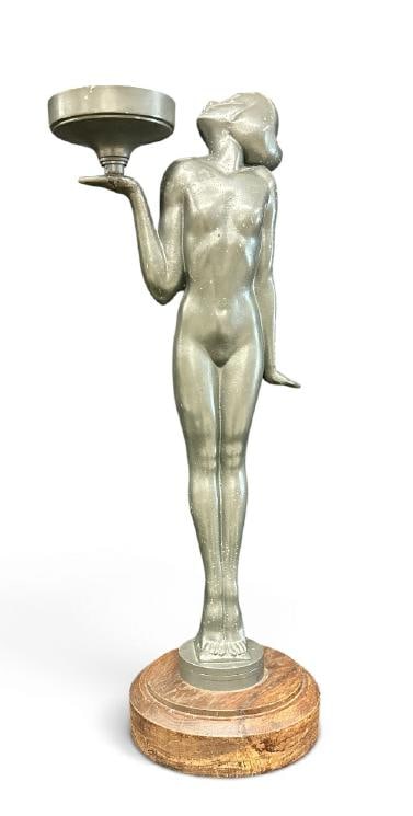 Deco 27" high nude figural Woman metal statue, was probably a lamp at one time, remounted on wood: Deco 27" high nude figural Woman metal statue, was probably a lamp at one time, remounted on wood base?..from local estate.