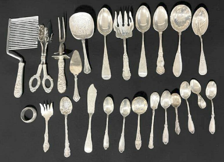(24) pcs. Estate sterling silver including large serving spoons, and (4) sterling handled serving: (24) pcs. Estate sterling silver including large serving spoons, and (4) sterling handled serving pieces?..total weight is 22.50 figuring half troy ounce on sterling handled pieces?..