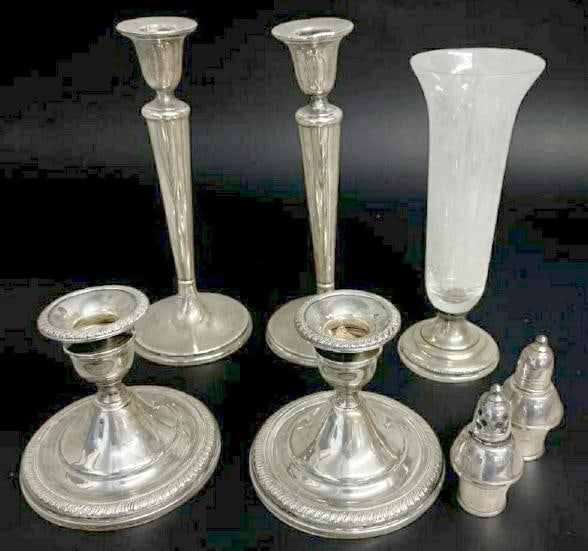 Weighted sterling silver lot to include (2) pairs of candlesticks, salt & pepper shakers & bud vase (1 of 1)
