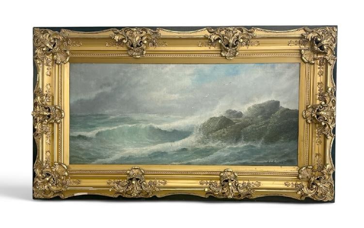 Wonderful 19th c o/c seascape signed ( T C MITCHEL ), in ornate frame of the period, signed lower (1 of 4)