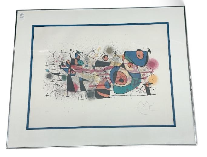 Joan Miro ( 1893-1983 ) pencil signed print titled ( CERAMIQUE ), in very nice estate condition,: Joan Miro ( 1893-1983 ) pencil signed print titled ( CERAMIQUE ), in very nice estate condition, from estate collection we are selling in the Hudson Valley?.print measures 21" x 28", the silver metal 