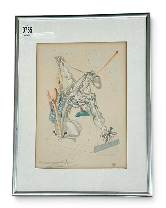Salvador Dali ( 1904-1989 ) pencil signed print titled ( Inferno Canto 29 ), number 22 of 100,: Salvador Dali ( 1904-1989 ) pencil signed print titled ( Inferno Canto 29 ), number 22 of 100, pencil signed lower left, in silver metal frame, the print measures 11.5" x 8", the frame measures 16.5" 
