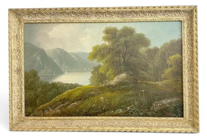 D. MENDES o/c landscape with sailboats on the river, possibly Hudson Valley, signed lower right, (1 of 2)