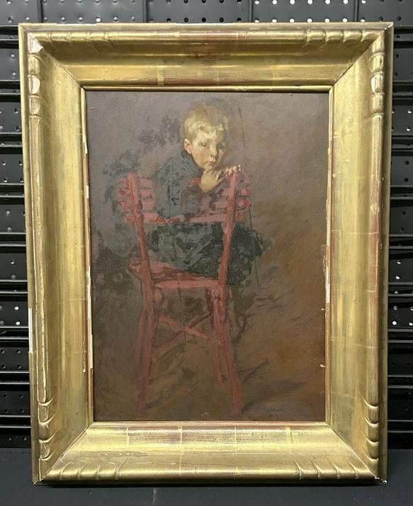 Wonderful impressionist o/b portrait of blonde haired boy leaning over the back of a red chair, (1 of 4)