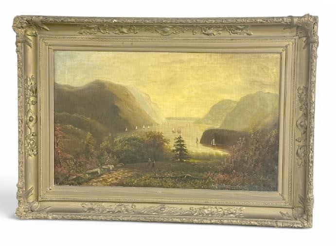 Wonderful Hudson River School painting of West Point on the River, signed illegibly, in frame of the: Wonderful Hudson River School painting of West Point on the River, signed illegibly, in frame of the period, has sailboats on the River and people walking along the path. Signed lower right, painting 