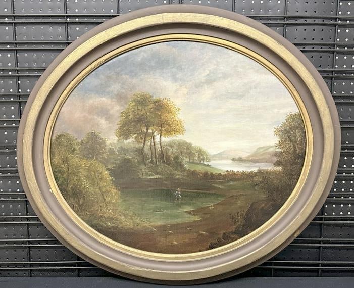 19th c oval o/c landscape with Man fishing in the water in foreground and mountains in background, (1 of 2)