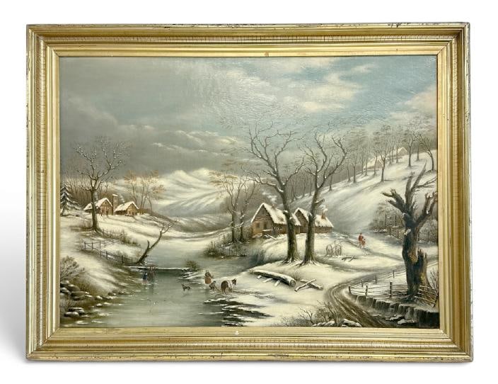 19th c American School o/c Winter landscape with people collecting firewood by the river and people (1 of 2)