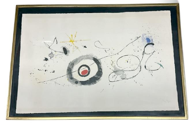 Joan Miro ( 1893-1983 ) pencil signed color lithograph titled ( CROSSING THE MIRROR, 1963 ),: Joan Miro ( 1893-1983 ) pencil signed color lithograph titled ( CROSSING THE MIRROR, 1963 ), NUMBERED 38 0F 90....measures 23.5" x 35.5", the frame measures 27.5" x 39.5". in very nice estate conditio