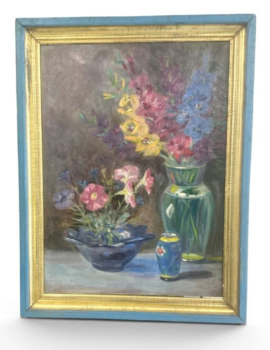 Louise Mary Wahl Kamp (1867-1959 ) o/c floral still life, unsigned, from fine home in the Hudson (1 of 2)