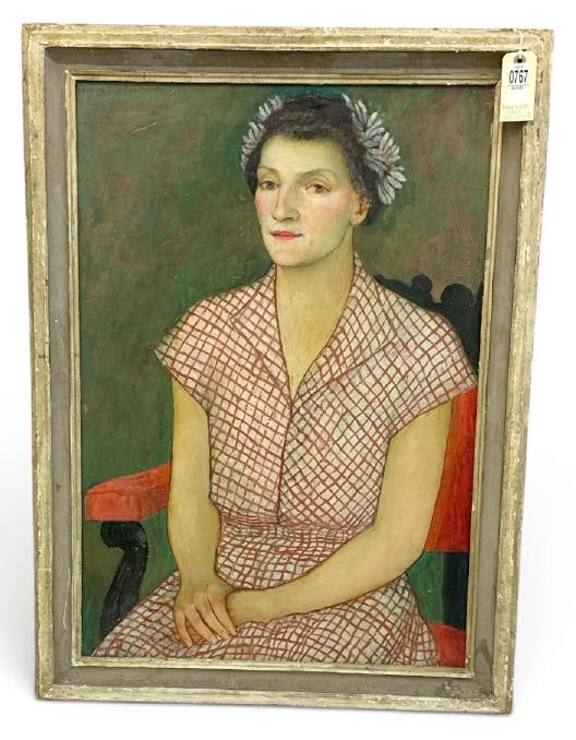 Franklin Zell Heuston ( 1880-1966 ) wonderful o/b portrait of a Woman, signed and dated 1946. In: Franklin Zell Heuston ( 1880-1966 ) wonderful o/b portrait of a Woman, signed and dated 1946. In nice estate condition, painting measures 31" x 21", the frame of the period measures 35" x 26". All the