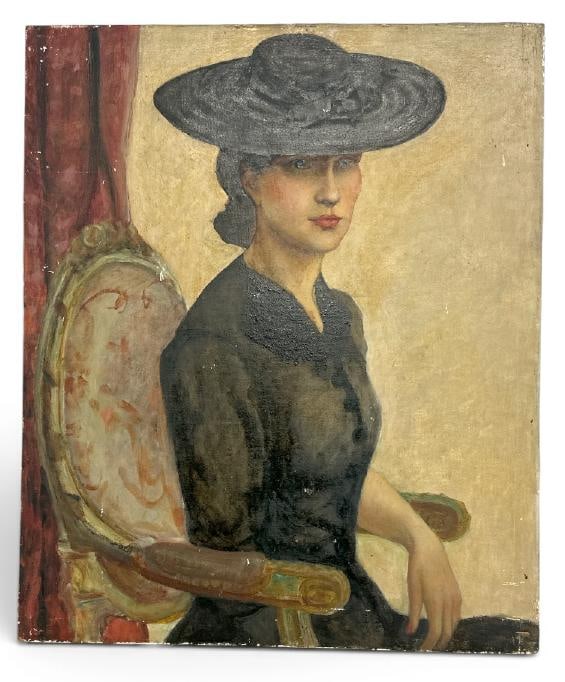 Franklin Zell Heuston (1880-1966) o/c laid on board portrait of Woman in wide black rimmed hat,: Franklin Zell Heuston (1880-1966) o/c laid on board portrait of Woman in wide black rimmed hat, sitter is identified on back, signed by Artist on back and dated 1947. Directly from the Artist's estate