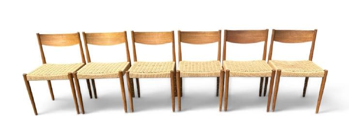 (6) teak Danish Modern FREM ROJLE rush seat dining chairs, from Hudson Valley estate, ( one has a (1 of 5)