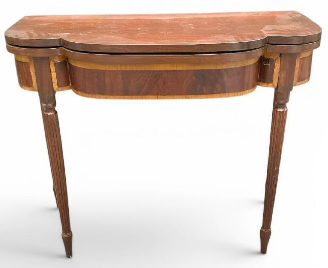 19th c mahogany inlaid flip top console or game table from fine home in the Hudson Valley, nice (1 of 2)
