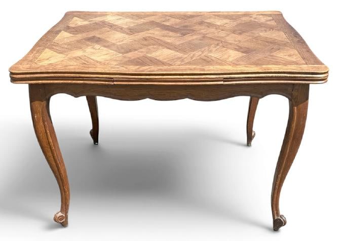 Antique French Provincial parquet top refractory dining table ( leaves hide underneath ), in older (1 of 2)