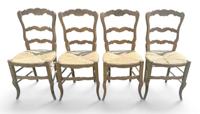 (4) country French rush seat carved dining chairs, from NYC apartment, structurally sound, a few (1 of 1)