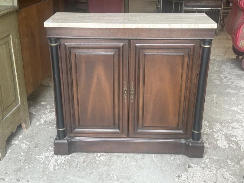 BRANDT diminutive travertine top console cabinet, from NYC apartment. Structurally sound, measures (1 of 3)