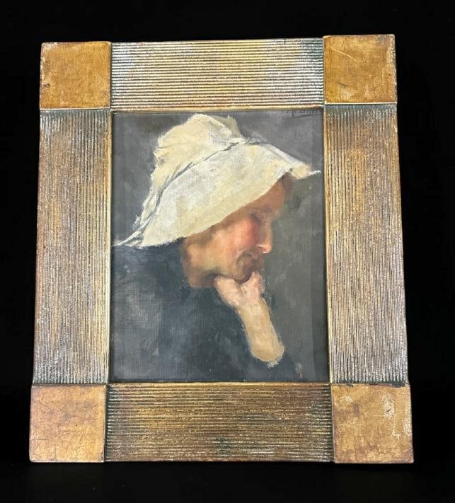 Maria Lübbes ( born 1847 ) impressionist o/c portrait of Woman in white hat with hand on her chin, (1 of 4)