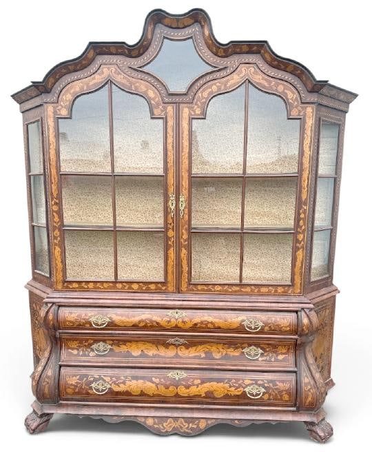 Wonderful (2) part Dutch Marquetry breakfront, from fine home in the Hudson Valley, bombay front,: Wonderful (2) part Dutch Marquetry breakfront, from fine home in the Hudson Valley, bombay front, very nice clean overall condition. Missing one small piece of trim off base. Really clean, structurall
