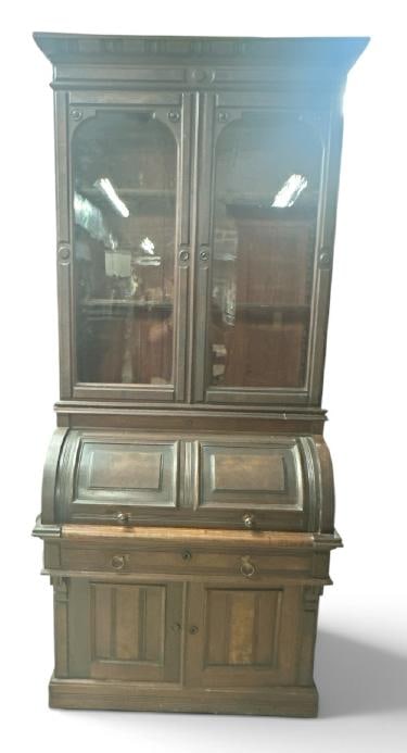 Eastlake walnut secretary bookcase, with cylinder roll and cubby hole interior, ( missing small: Eastlake walnut secretary bookcase, with cylinder roll and cubby hole interior, ( missing small piece of side molding ), structurally sound, from Hudson Valley home, measures 97.25" high x 38.25" wide