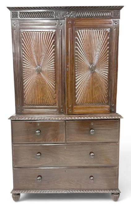 Antique Anglo-Indian British Colonial Rosewood Linen Press Cabinet, from fine NYC apartment,: Antique Anglo-Indian British Colonial Rosewood Linen Press Cabinet, from fine NYC apartment, beautiful form, very nice original finish, and structurally sound. Has (3) shelves on top, with hanging clo