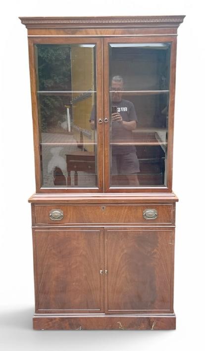 Nice clean mahogany china closet, structurally sound, nice original finish, from fine home in the: Nice clean mahogany china closet, structurally sound, nice original finish, from fine home in the Hudson Valley. Measures 70.5" high x 34" wide x 16" deep.
