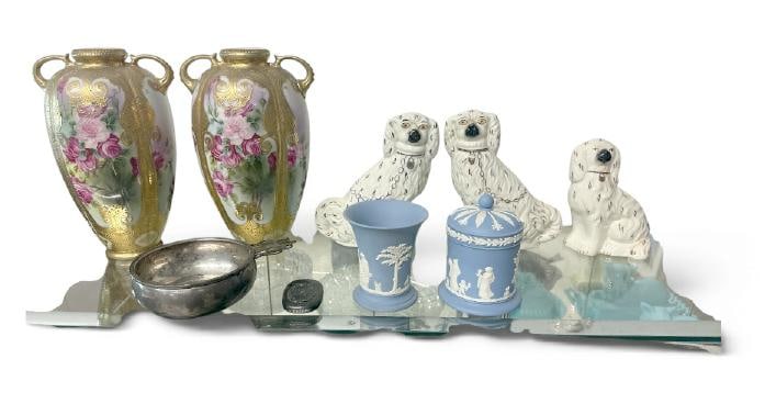 Misc. estate lot to include (3) Staffordshire dogs, (2) pcs. Of Wedgewood, pair of handpainted (1 of 6)