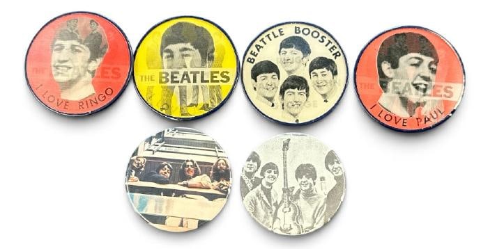 (6) vintage BEATLES pinback buttons including the set of (4) of VARI-VUE lenticular "flicker" (1 of 2)