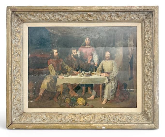 Early Old Master on wood panel ( SUPPER AT EMMAUS ), in early frame, reinforced stretcher, has age (1 of 4)