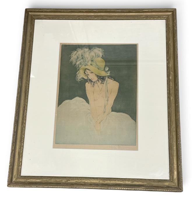 Circa 1920's signed etching of topless Woman in large hat with plumes, famed and matted in very nice: Circa 1920's signed etching of topless Woman in large hat with plumes, famed and matted in very nice overall condition. Etching measures 16" x 12", the frame measures 27" x 23".
