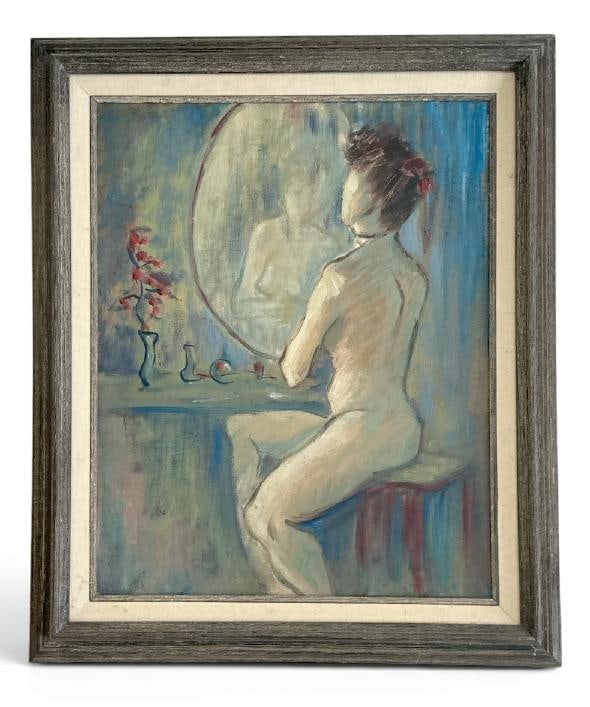 Impressionist o/b Nude female seated looking in mirror, unsigned, from local home in the Hudson: Impressionist o/b Nude female seated looking in mirror, unsigned, from local home in the Hudson Valley, in nice overall condition, painting measures 22" x 18", the frame measures 25.5" x 21".