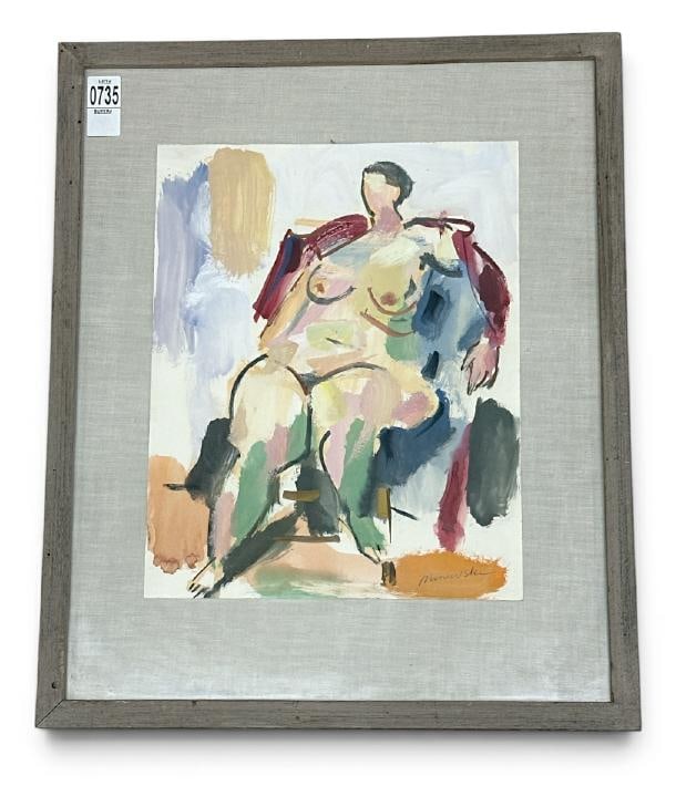 Alexander Minewski (1917-1979 ) w/color impressionist nude female on paper of Woman in red robe,: Alexander Minewski (1917-1979 ) w/color impressionist nude female on paper of Woman in red robe, signed lower right, nice overall condition, from his estate in New Paltz, New York. Painting measures 1