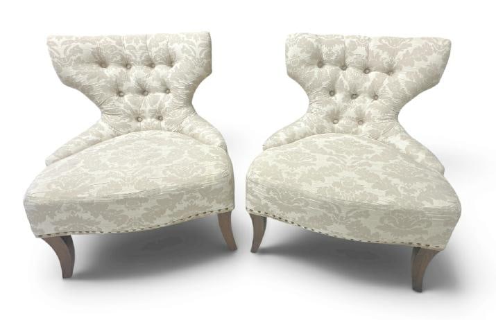 Sweet pair of cream colred decorative boudoir slipper chairs, from fine NYC apartment, structurally: Sweet pair of cream colred decorative boudoir slipper chairs, from fine NYC apartment, structurally sound, a small light dirt spot on fabric, not a big deal?.good looking form?...