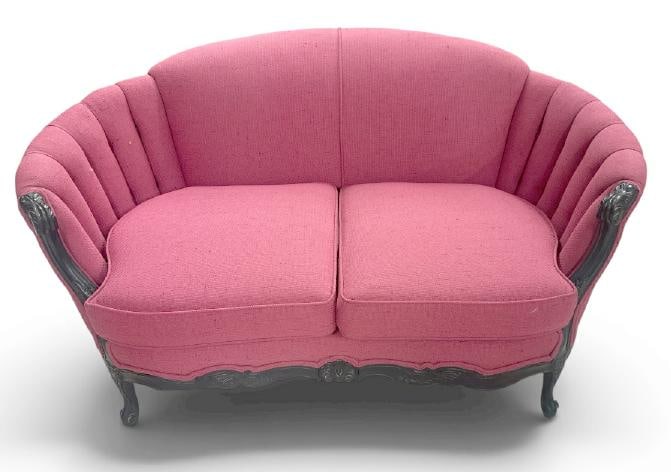 Nice curved ribbed back circa 1930's carved loveseat, structurally sound, nice fabric, clean, from (1 of 1)