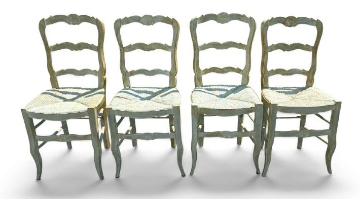 Set of (4) painted rush seat French Country or Swedish chairs with some carving?..from fine NYC (1 of 1)