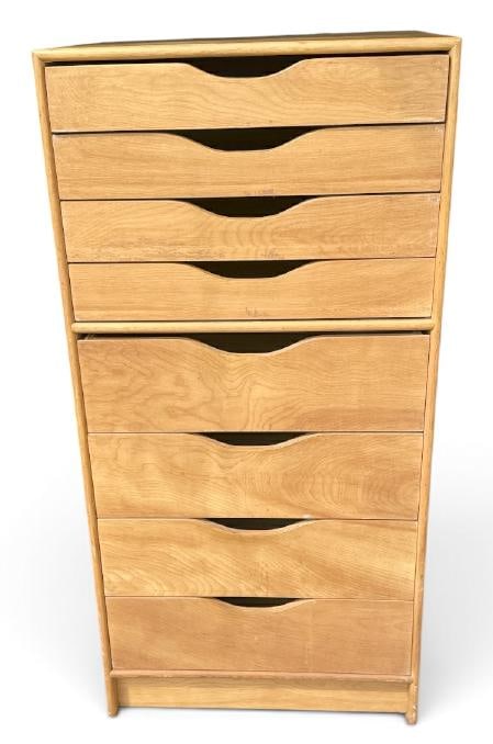 (8) drawer circa 1970's plywood tall chest, structurally sound, great for storage, ( has scratches: (8) drawer circa 1970's plywood tall chest, structurally sound, great for storage, ( has scratches mostly on one side ), just how we found it, measures 52.25" high x 26" wide x 22" deep.