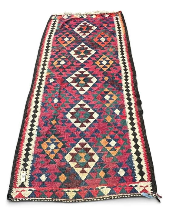Handmade wool rug with nice geometric design, origin unknown, nice overall estate condition. (1 of 1)