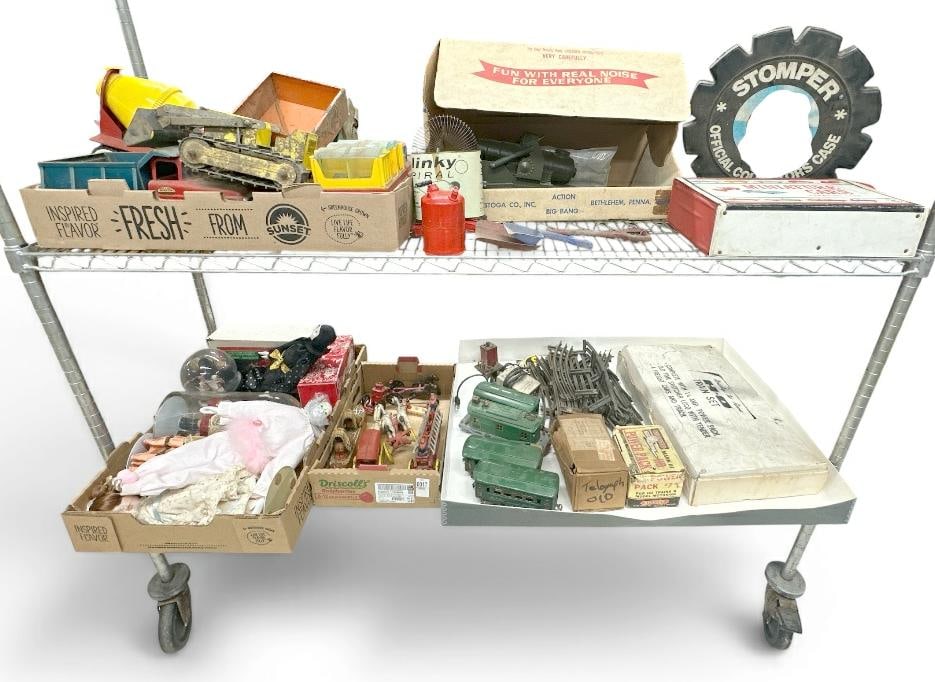 Estate lot older toys including metal trucks, dolls, Big Bang cannon in box, trains, cars, die cast (1 of 9)