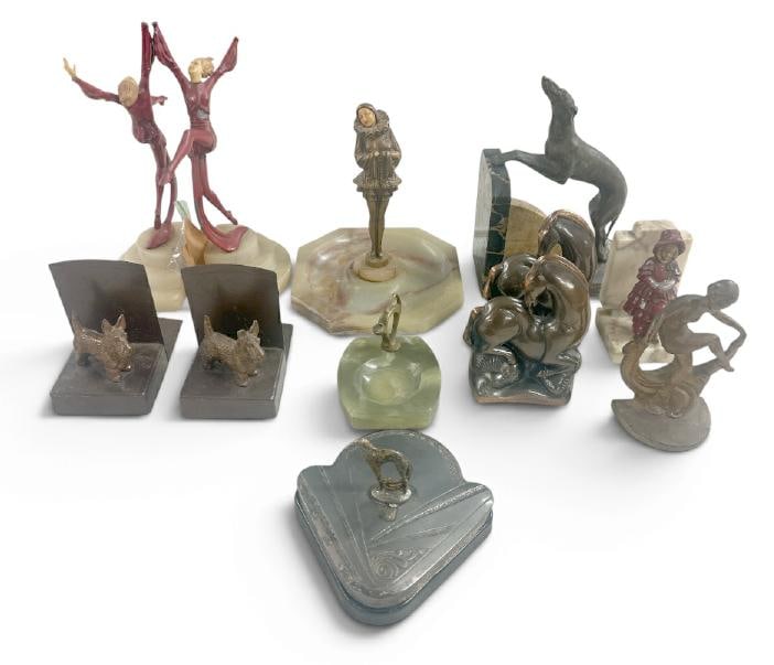 Estate lot of as found Deco pieces and more, including bookends, ashtrays with figures, figures, (1 of 8)