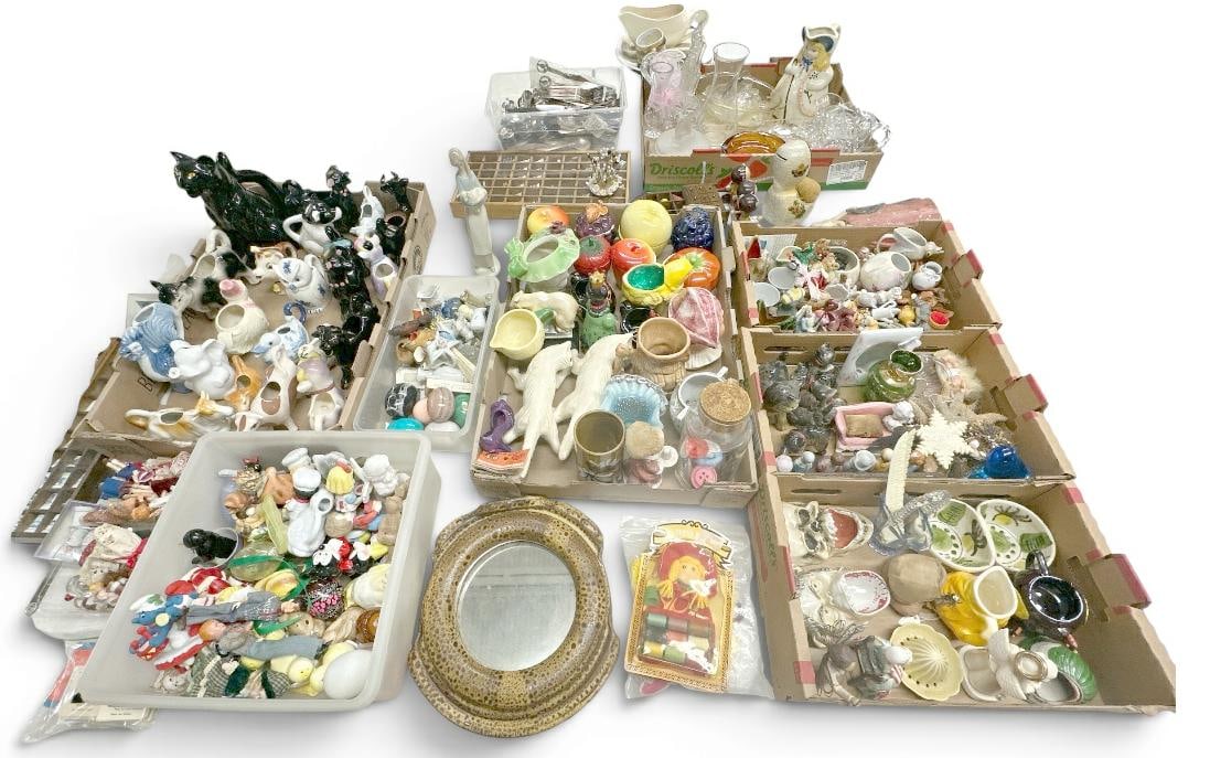 BIG estate lot of porcelains, glasswares, silverplate, dolls, sugars, creamers, figural animal: BIG estate lot of porcelains, glasswares, silverplate, dolls, sugars, creamers, figural animal pitchers, etc. A lot there to sort out, great for a dealer?..