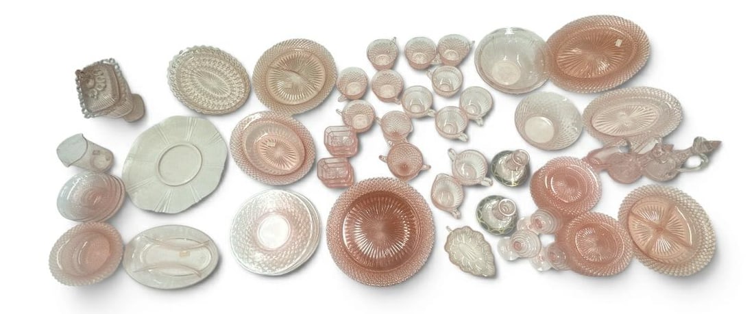 (2) shelves, large lot PINK DEPRESSION glass, great lot for a dealer to sort out, from local estate: (2) shelves, large lot PINK DEPRESSION glass, great lot for a dealer to sort out, from local estate in the Hudson Valley.
