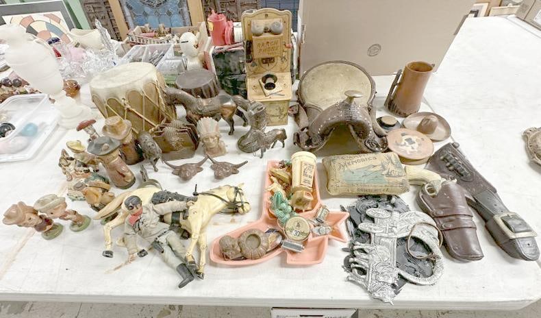 Large lot misc. WESTERN goods to include toys, kids old saddle, ceramics with Western motif, (1 of 15)